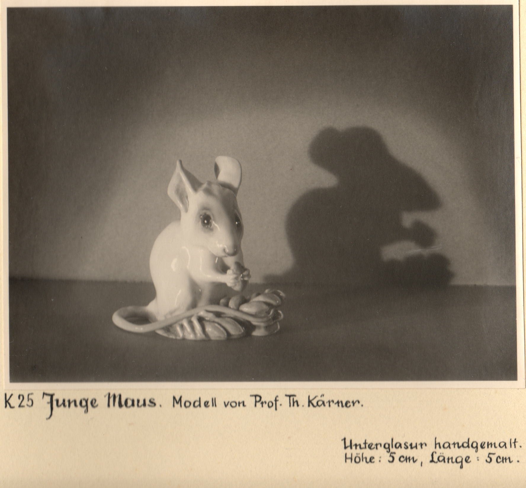 Fotokarte einer jungen Maus auf einer pflanzlichen Unterlage; Beschriftung K 25, Modell von Prof. Th. Kärner, Höhe und Länge je fünf Zentimeter.