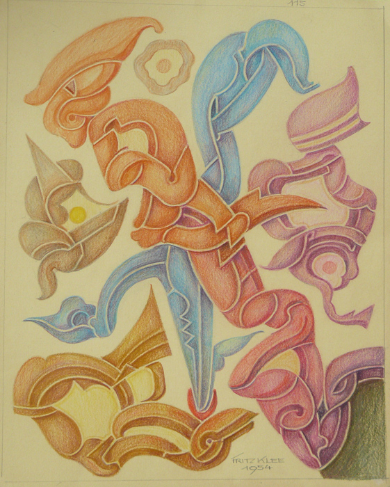 Farbstiftzeichnung mit orangefarbenen, roten, gelben und blauen Fantasieformen; unten Signatur Fritz Klee 1954.