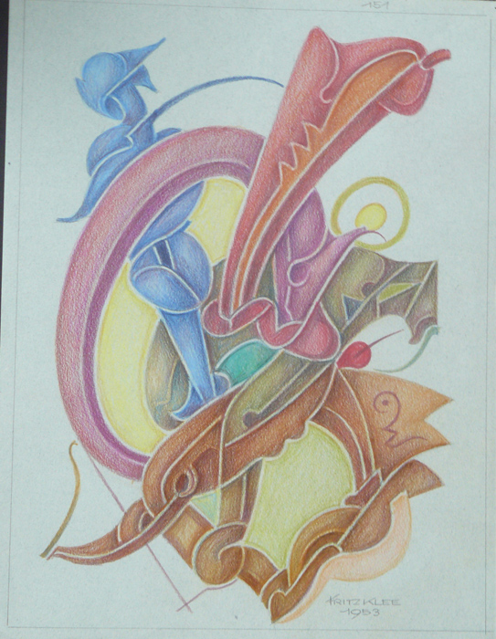 Farbstiftzeichnung mit verschlungenen blauen, rosa und grünen Ornamentbändern; unten Signatur Fritz Klee 1953.