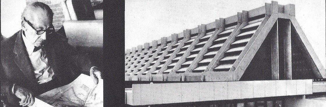 Historische Bildmontage: Walter Gropius links, rechts die gestaffelten Dachflächen der Glaskathedrale in Amberg.