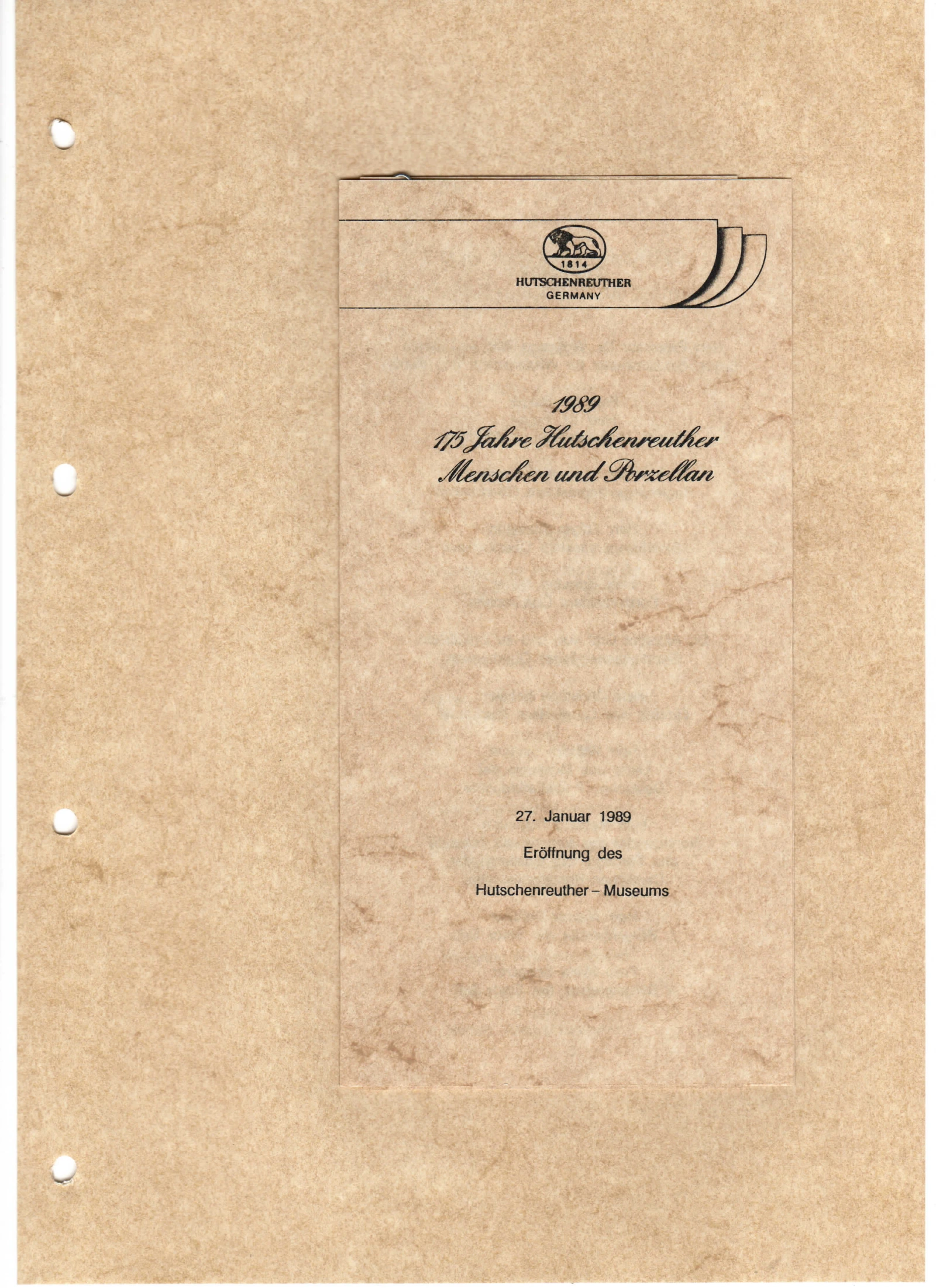 Titelblatt zur Eröffnung des Hutschenreuther-Museums am 27. Januar 1989.
