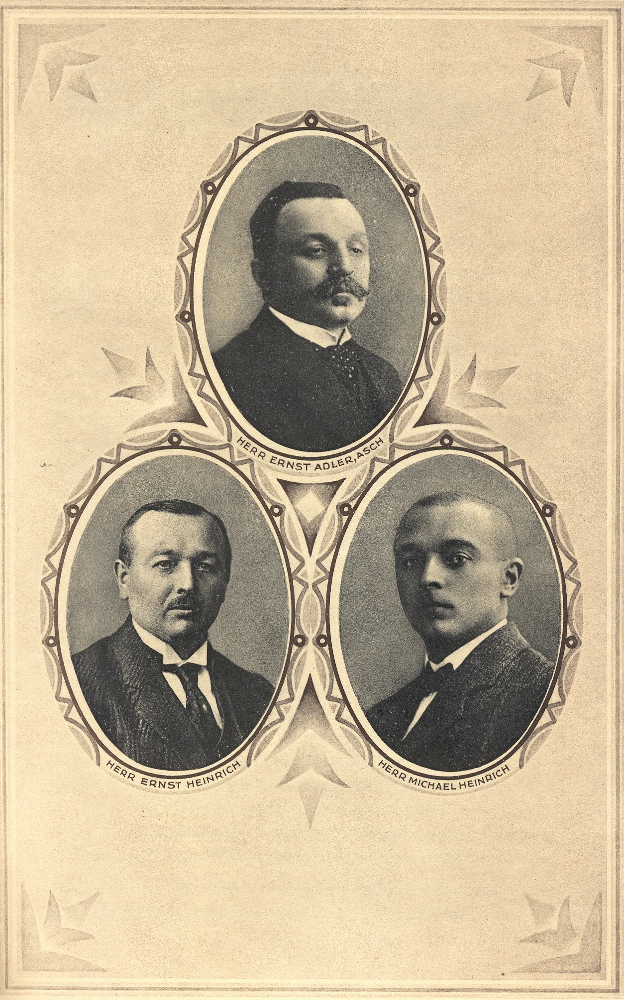 Historisches Porträtblatt: oben Ernst Adler aus Asch, unten links Ernst Heinrich und unten rechts Michael Heinrich.
