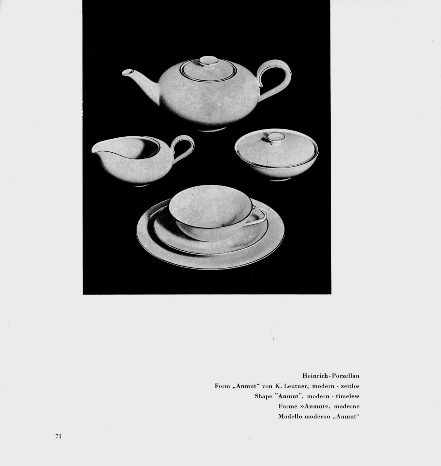 Kanne, Sahnegießer, Zuckerdose und Tasse der Form Anmut von Karl Leutner im Sonderdruck August Warnecke 1953, Seite 71.