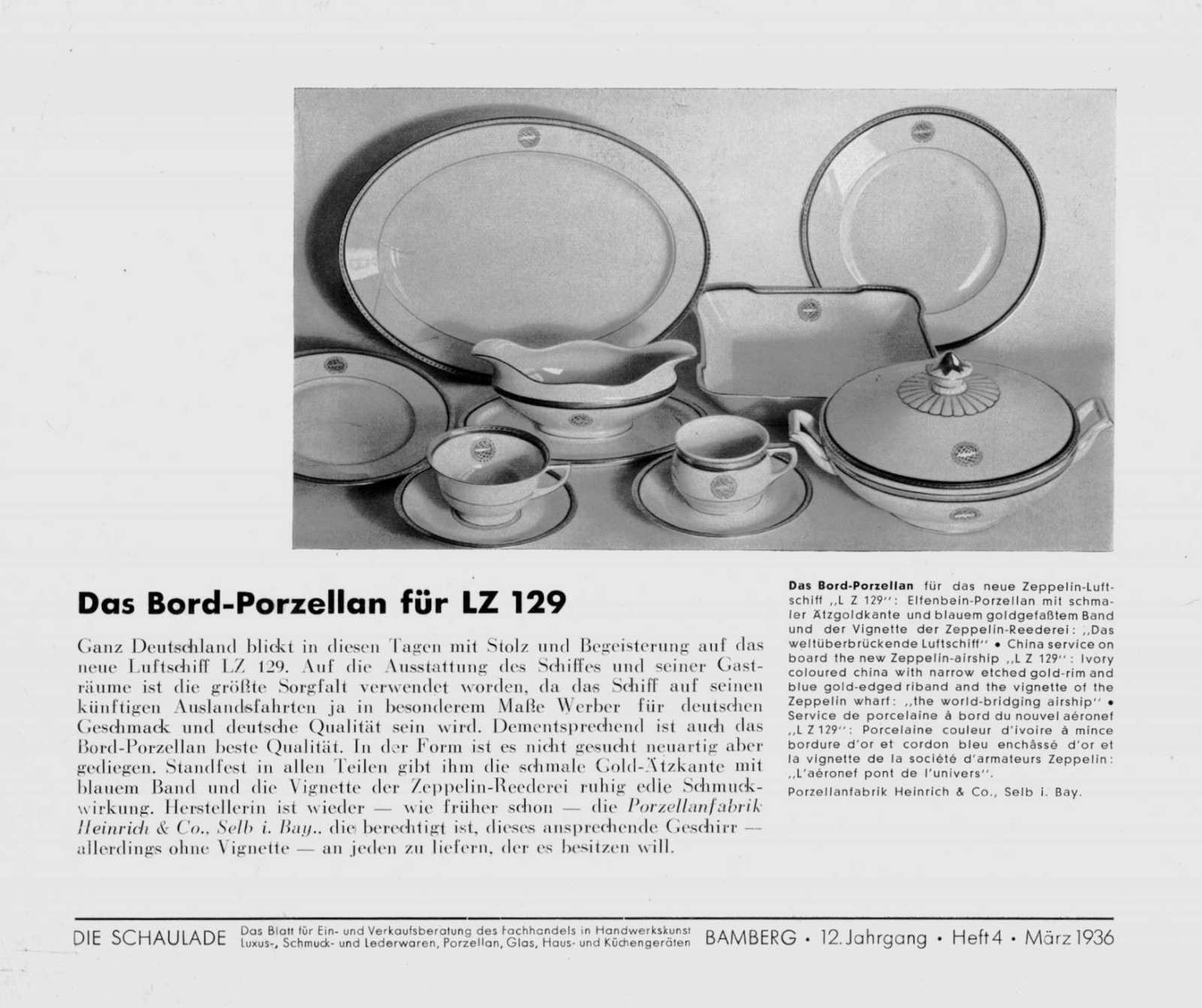 Zeitgenössischer Fachzeitschriftenbeitrag Das Bord-Porzellan für LZ 129, Die Schaulade, März 1936, mit Abbildung des Heinrich-Services.