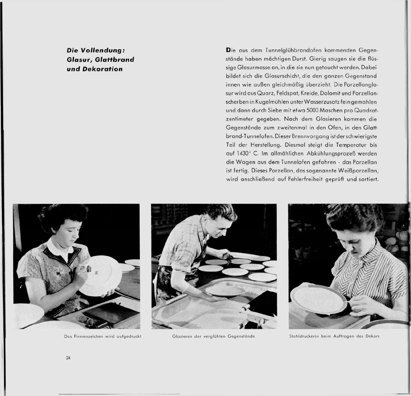 Festschriftseite mit drei Schwarzweißfotos von Beschäftigten beim Bearbeiten von Porzellangeschirr.