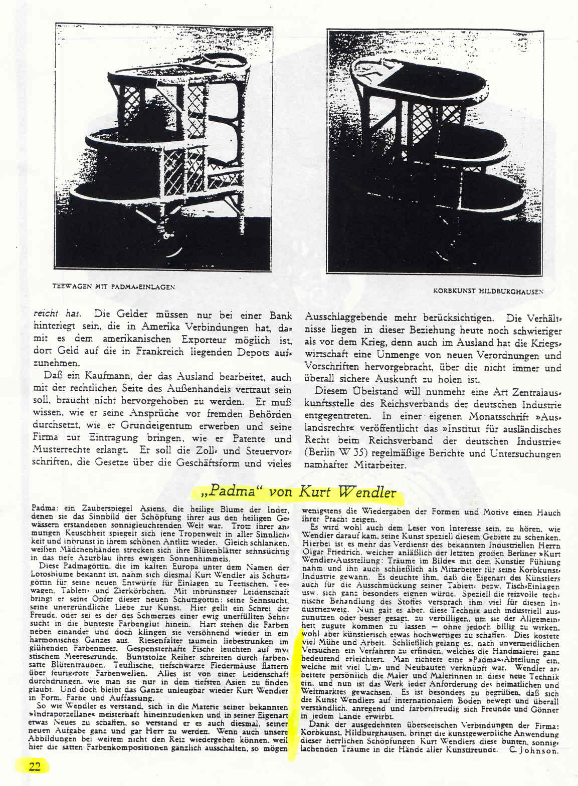 Historische Zeitschriftenseite mit zwei Teewagen und dem Beitrag Padma von Kurt Wendler auf Seite 22.
