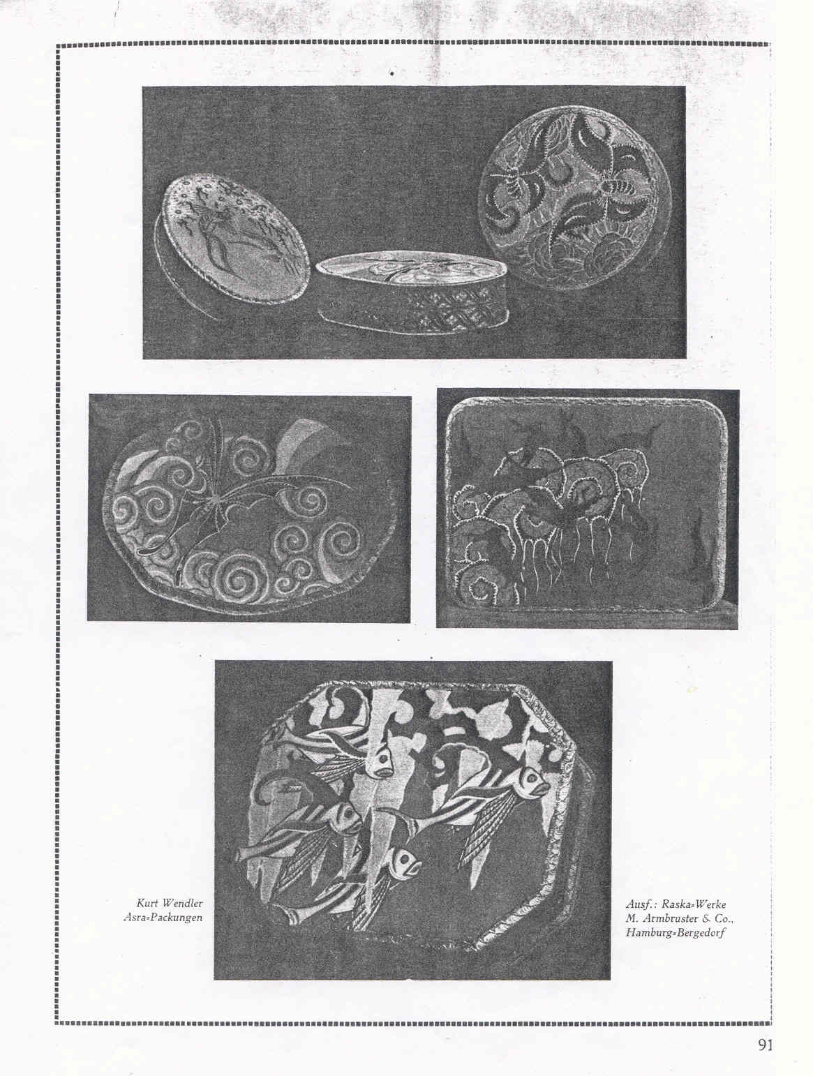 Historische Bildtafel mit mehreren dekorierten Asra-Luxuspackungen und figürlichen Deckelmotiven.