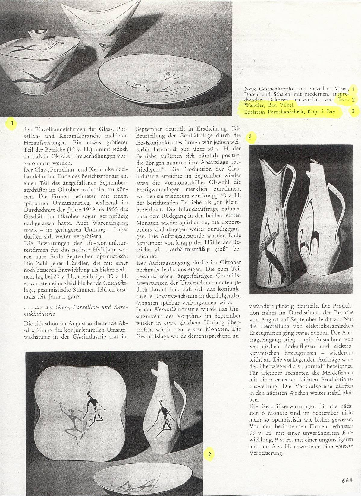 Zeitschriftenseite 664 mit Vasen, Dose und Schalen sowie dem Bildtext Kurt Wendler und Edelstein Porzellanfabrik Küps.