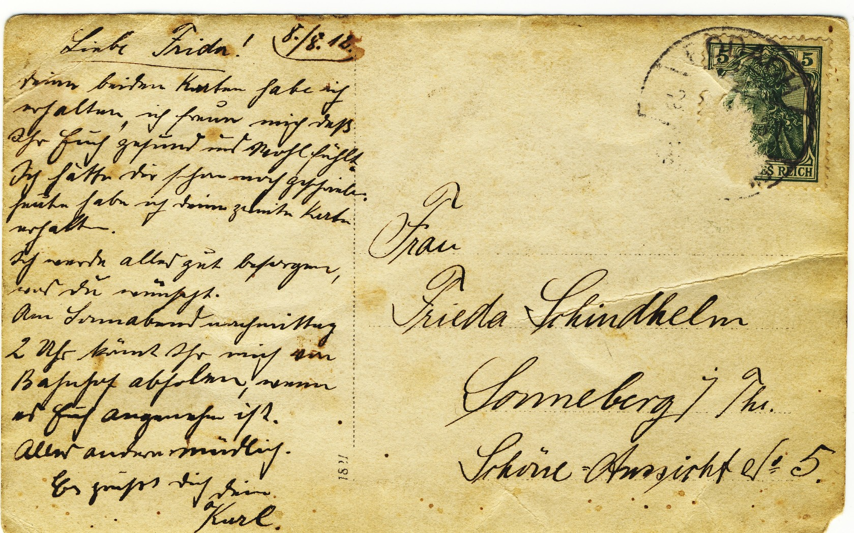 Beschriebene Rückseite einer historischen Postkarte an Frieda Schindhelm in Sonneberg, mit der Anrede Liebe Frida und dem Namenszug Karl.