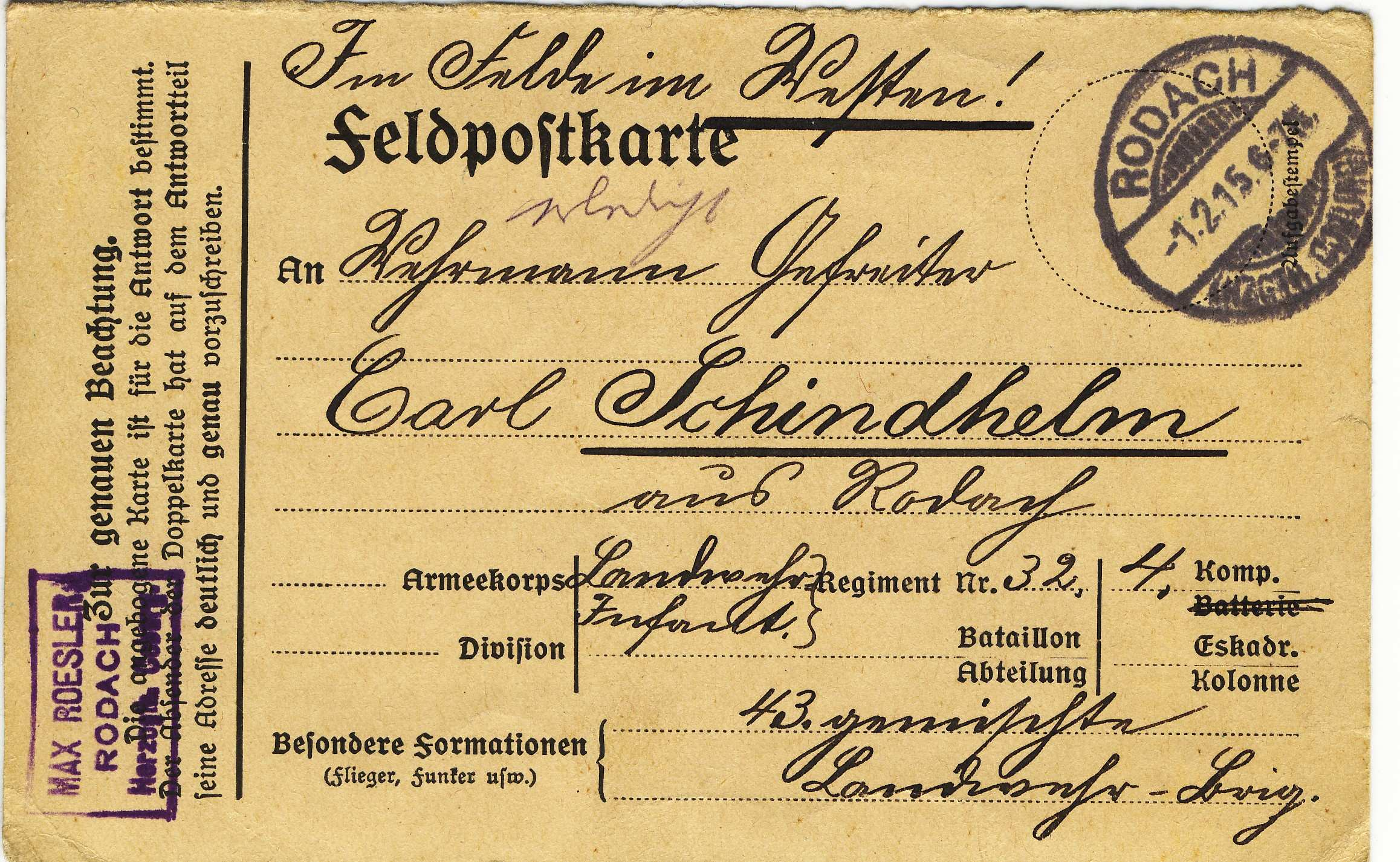 Adressseite einer Feldpostkarte von Max Roesler aus Rodach an Carl Schindhelm beim Landwehr-Infanterie-Regiment 32, mit Rodacher Poststempel vom 1. Februar 1915.