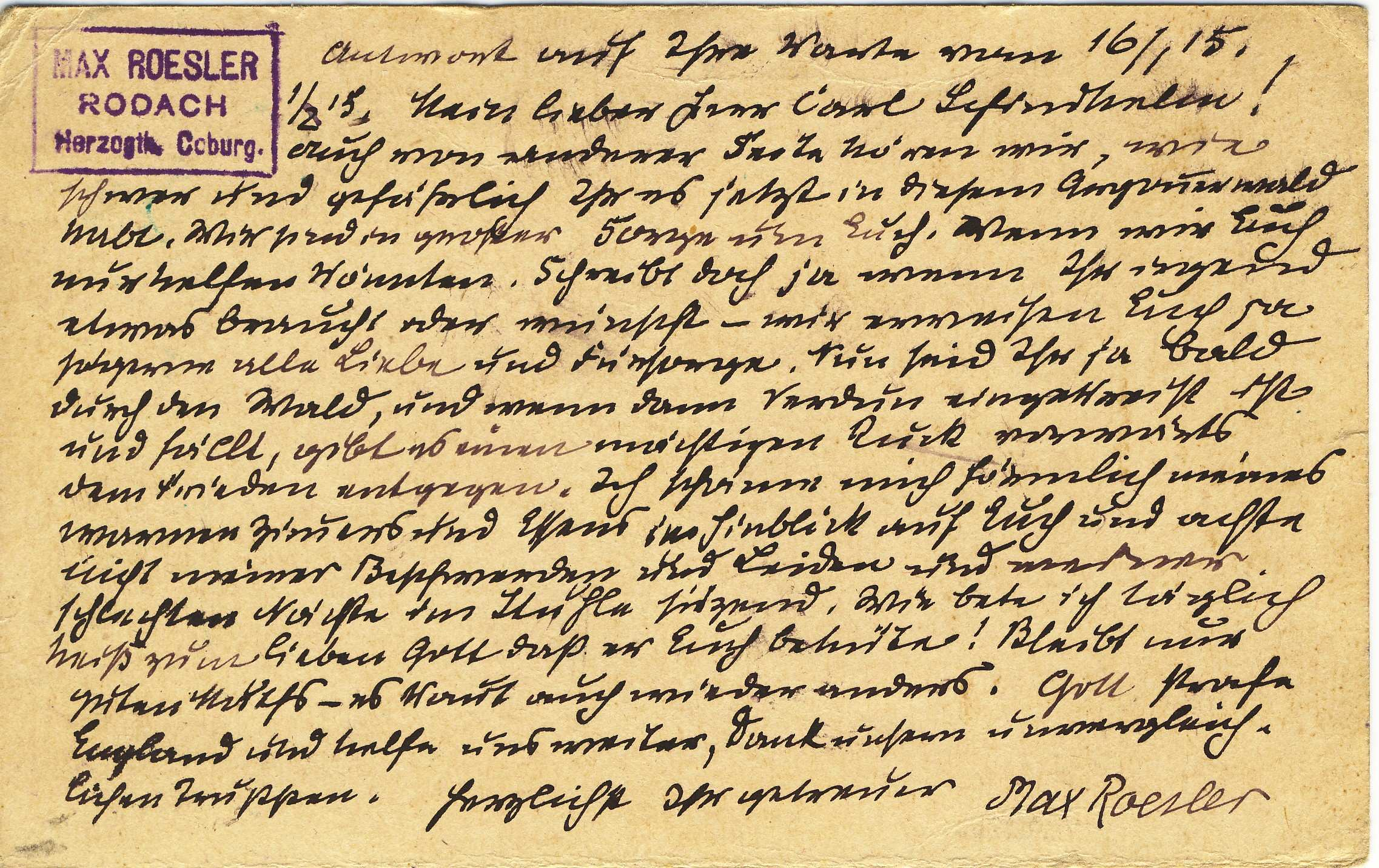 Handschriftliche Nachricht von Max Roesler an Carl Schindhelm mit Sorge um die Soldaten im Argonnerwald, Hilfsangebot und zeittypischer nationalistischer Kriegssprache.