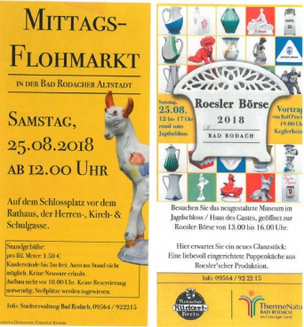 Historischer Flyer von 2018 mit Mittagsflohmarkt in Bad Rodach und Roesler-Börse am 25. August rund um das Jagdschloss.