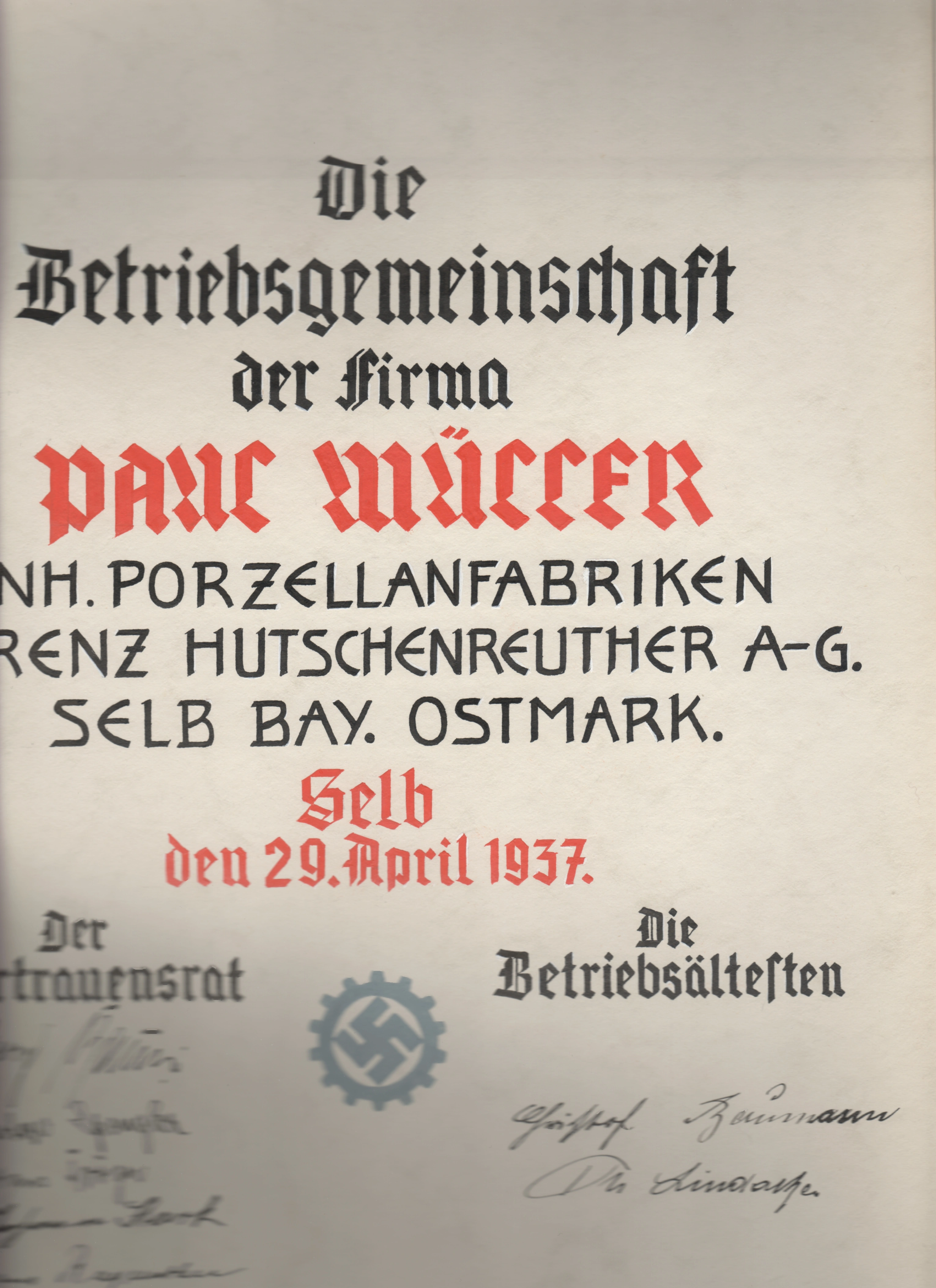 Historisches Betriebsdokument mit Firmenname Paul Müller, Hinweis auf Lorenz Hutschenreuther und Datum 29. April 1937.