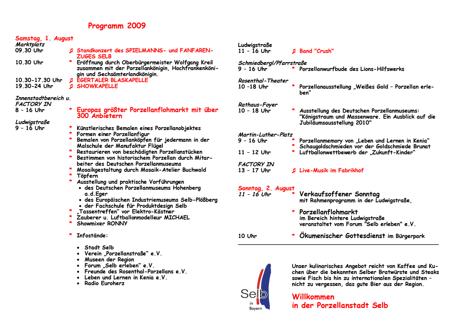 Vollständige Programmseite zum Selber Porzellinerfest am 1. und 2. August 2009.