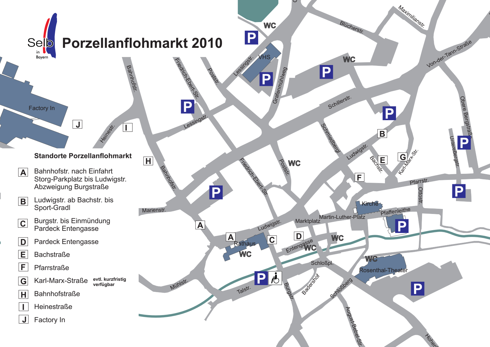 Vollständiger historischer Lageplan zum Porzellanflohmarkt 2010 mit Straßennamen und Standortlegende.