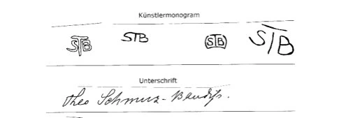 Übersicht mit mehreren STB-Monogrammen und dem ausgeschriebenen Namen Theo Schmuz-Baudiß.