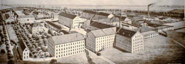 Historische zeichnerische Gesamtansicht der Porzellanfabrik Ludwigsmühle um 1900.