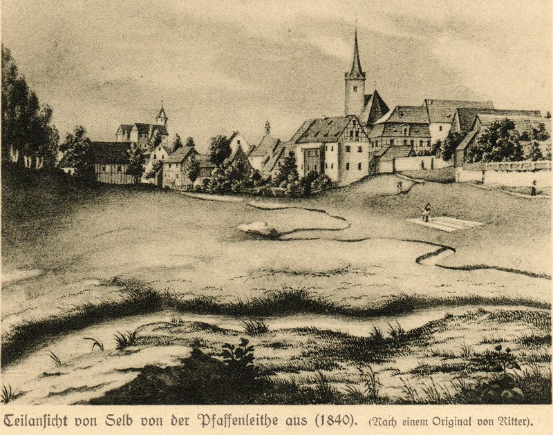 Historische grafische Teilansicht von Selb von der Pfaffenleithe aus, mit der Jahresangabe 1840.