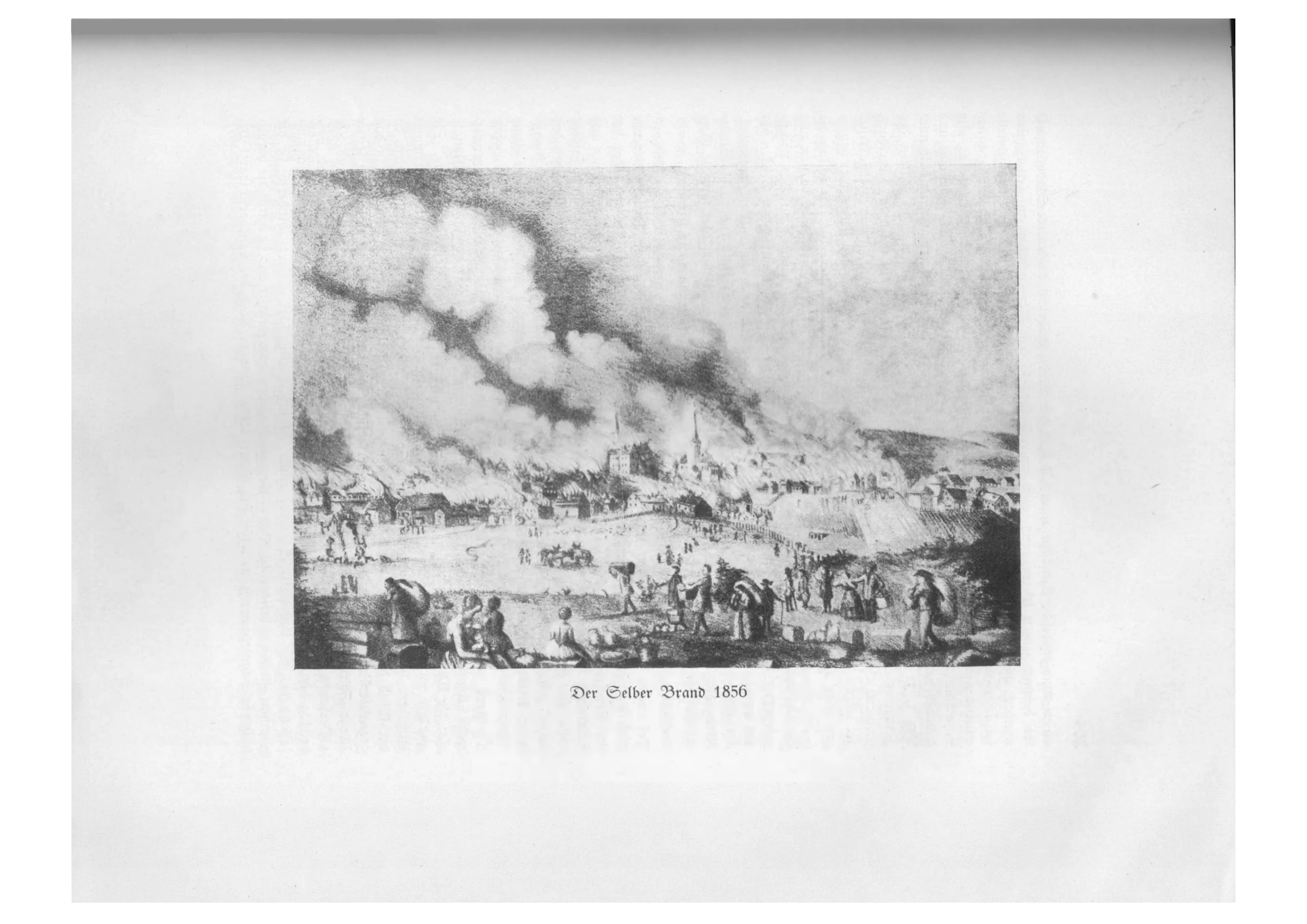 Historische grafische Darstellung des Selber Stadtbrands mit Rauch über der Stadt und fliehenden Menschen im Vordergrund.