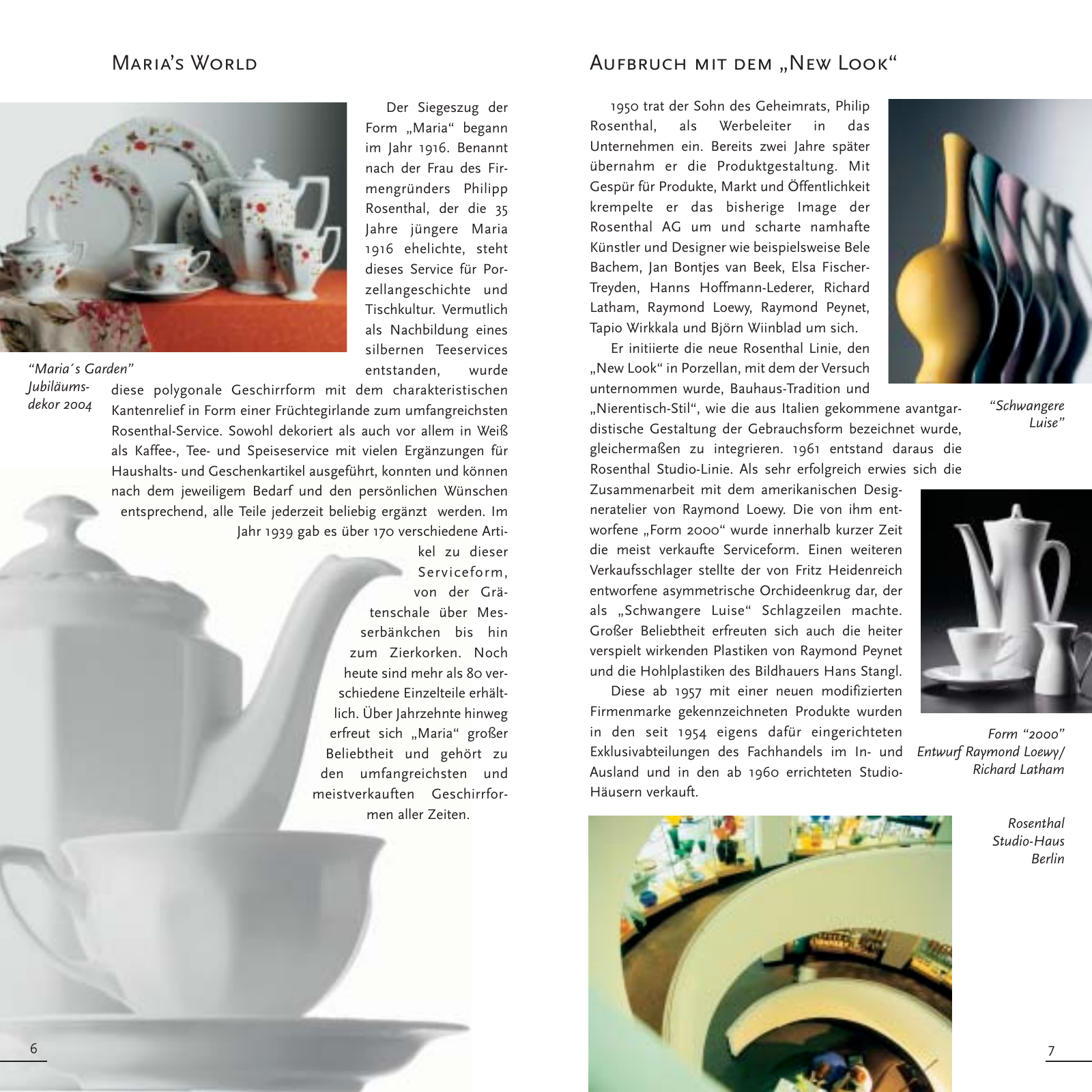 Doppelseite einer Rosenthal-Broschüre: links Maria, rechts New Look mit asymmetrischen Vasen, Form 2000 und einem Studio-Haus.