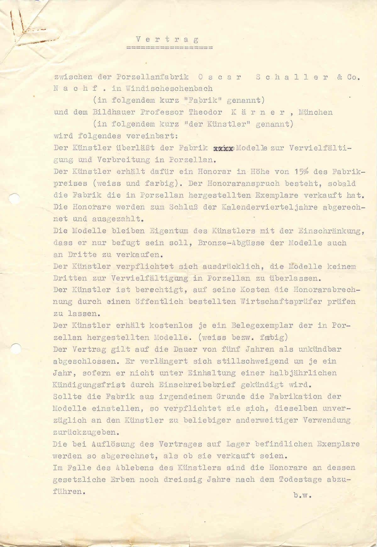 Erstes Blatt des Vertrags zwischen Oscar Schaller und Theodor Kärner mit Regelungen über Modelle, Honorare und Belegexemplare.