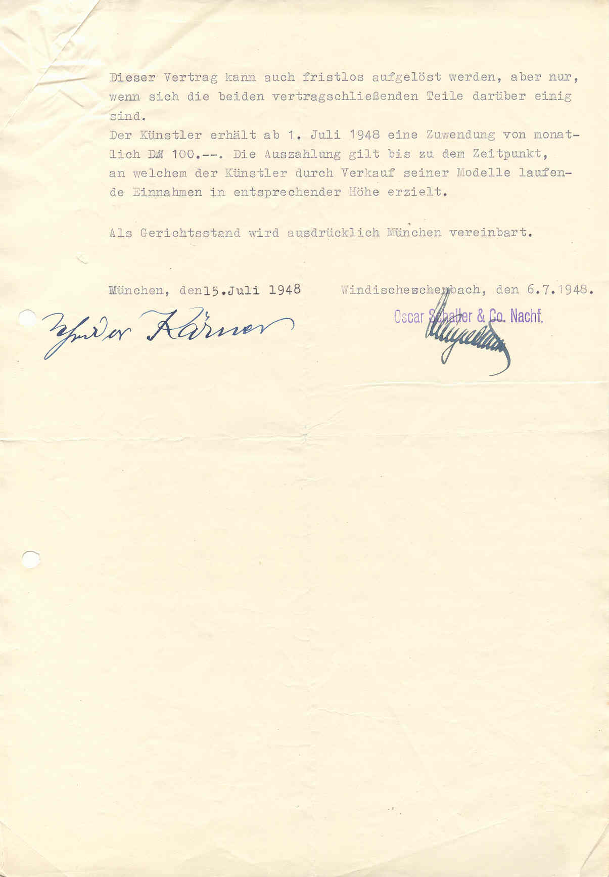 Zweites Vertragsblatt mit monatlicher Zuwendung, Gerichtsstandsregelung sowie Unterschriften und Datierungen im Juli 1948.
