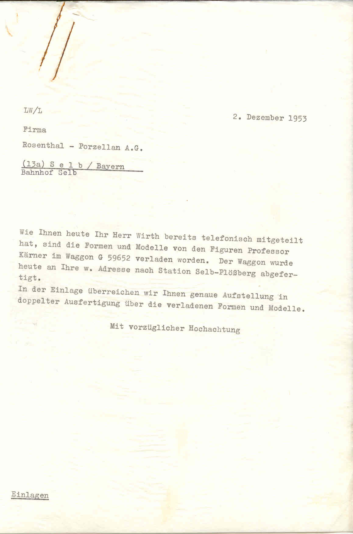 Versandmitteilung vom 2. Dezember 1953 an Rosenthal über Formen und Modelle im Waggon G 59652 nach Selb-Plößberg.