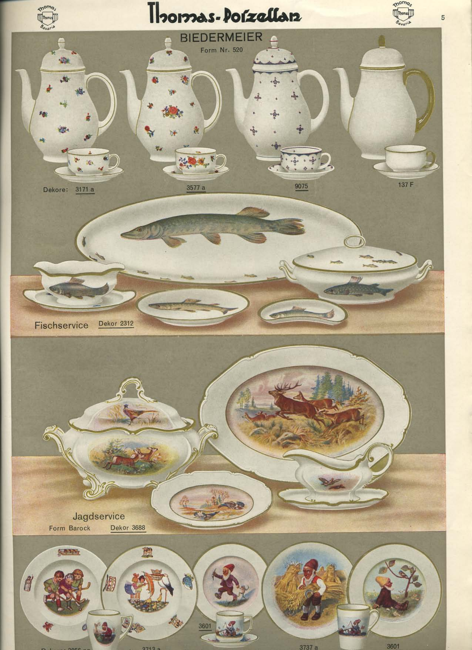 Thomas-Prospektseite mit Biedermeier-Kaffeekannen, Fischservice, Jagdservice und Kindergeschirr.