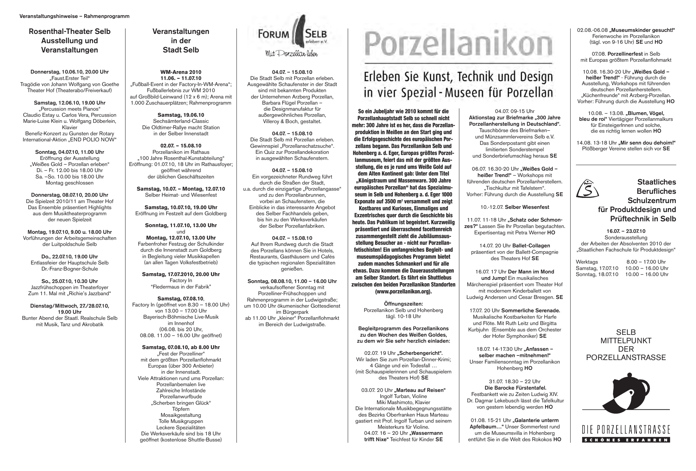 Vollständige Innenseite des Flyers 2010 mit Theater-, Stadt-, Museums- und Schulprogramm.