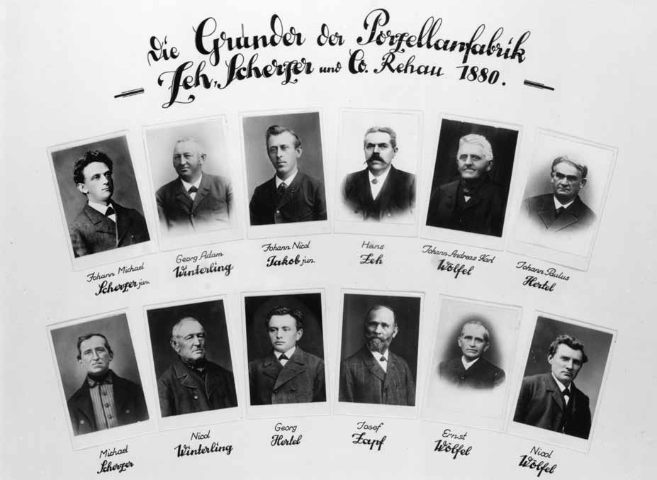 Historische Porträtmontage mit zwölf beschrifteten Bildnissen von Gründern und frühen Teilhabern der Porzellanfabrik Zeh, Scherzer und Co.