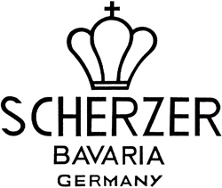 Grafische Wiedergabe einer Kronenmarke mit den Worten Scherzer, Bavaria und Germany.